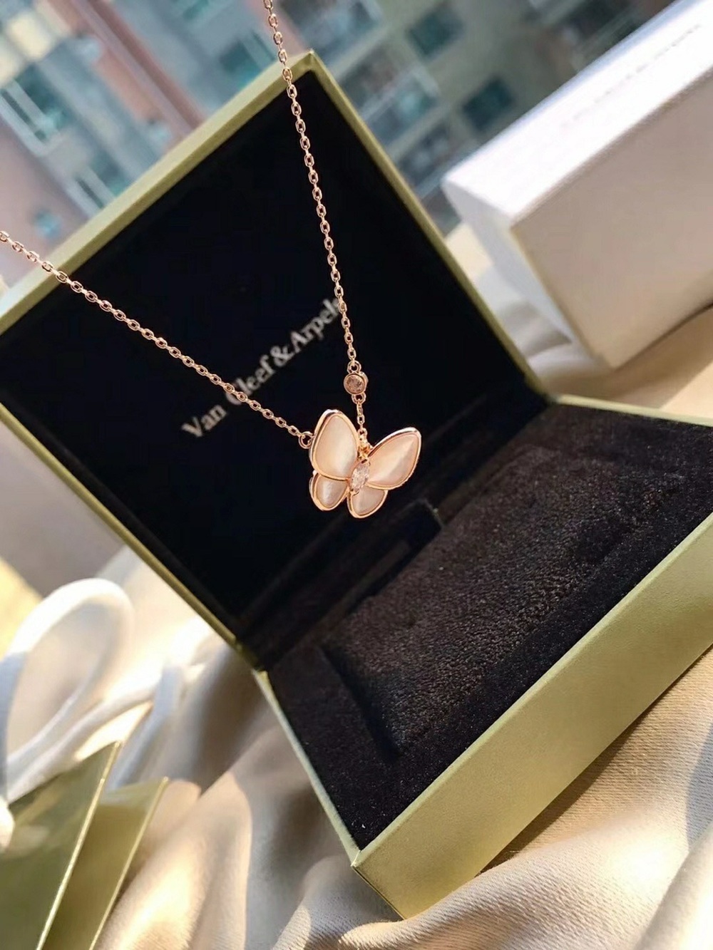 Van Cleef & Arpels Rose Gold Butterfly Pendant Necklace with White Inlay